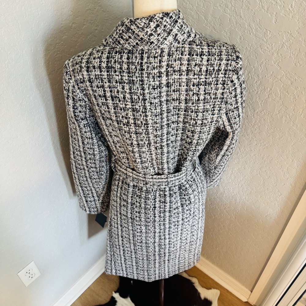 Sam Edelman Tweed Drape Lapel Wrap Coat, Natural Tweed, Black Gray Size 8, NWT - Picture 12 of 15